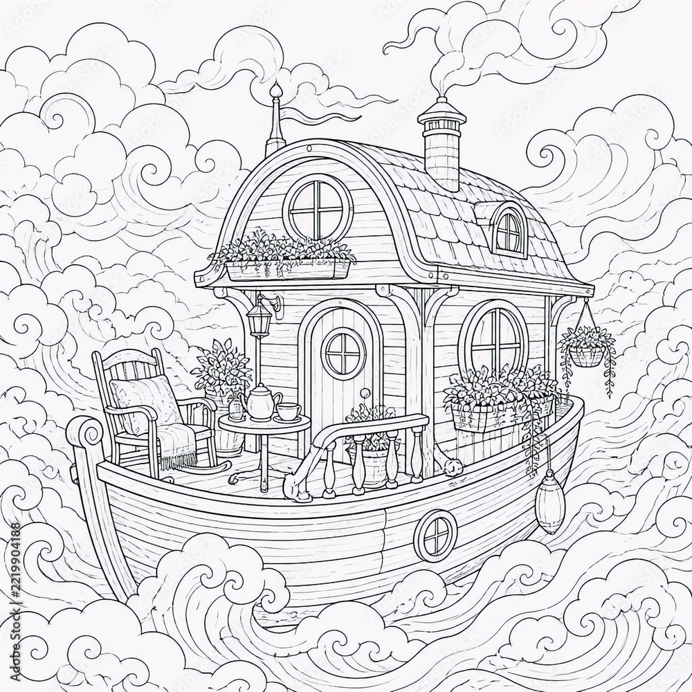 Fototapeta premium wooden houseboat sailing through clouds adult coloring book page