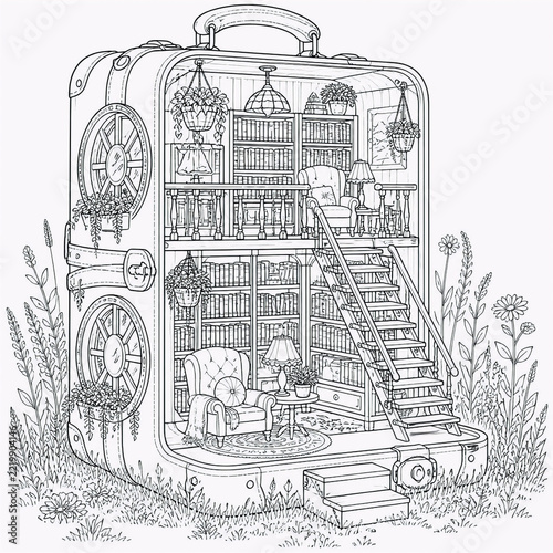 traveling bookshop built inside a giant open suitcase coloring page