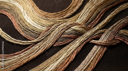 Closeup of earthtoned embroidery threads interwoven on a dark brown textile background
