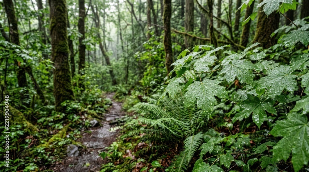 Fototapeta premium Wet Maple Leaves on a Hiking Trail in a Rain-Soaked Pacific Northwest Forest