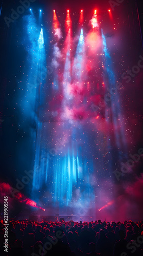 Concert lights shining brightly in red and blue colors over a large crowd of people gathered at a live music event inside an arena.