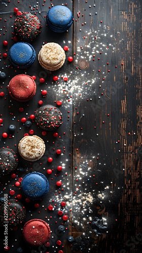 Macarons and fresh berries are artistically arranged on a dark rustic wooden surface with scattered flour and festive sprinkles.