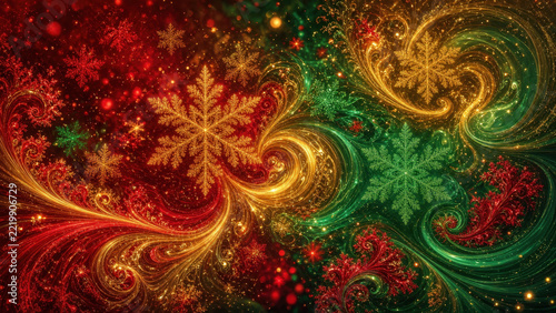 Abstract Christmas fractal with red green gold swirl and snowflake pattern creating festive decorative background with glowing sparkle and ornate holiday texture