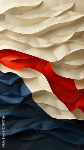 Paper layers in cream, red, and dark blue create an abstract wave pattern with geometric folds.