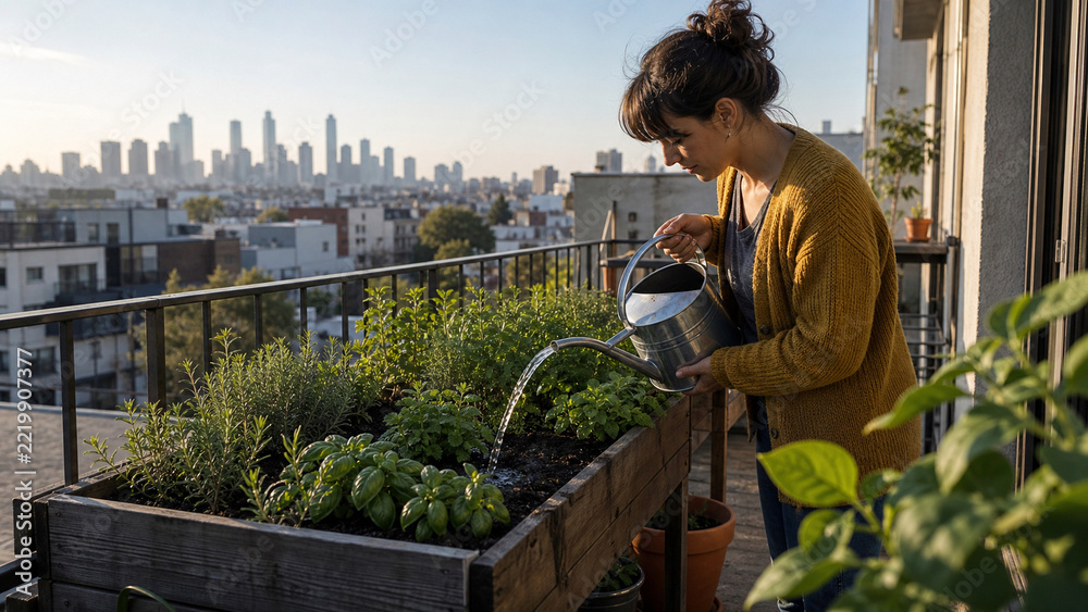 Fototapeta premium A smiling woman waters green plants on a sunny balcony with a city skyline view in the background. Concept for urban gardening, hobby, and sustainable living.
