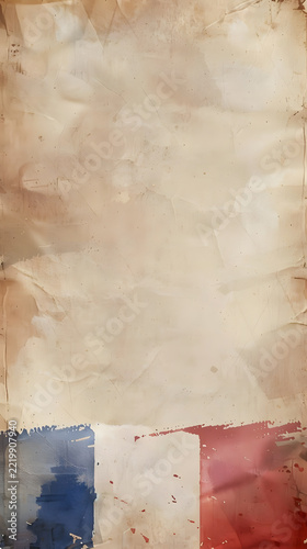 French flag in watercolor style on stained vintage parchment paper background with copy space for national day celebrations.