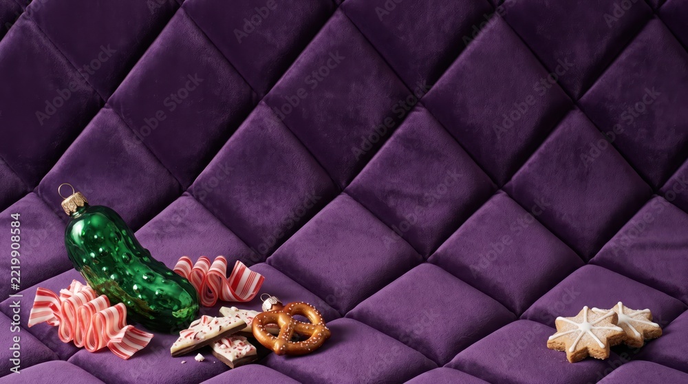 Fototapeta premium Christmas pickle ornament on diamond tufted purple velvet background with peppermint ribbon candy, bark, pretzel and star sugar cookies, empty copy space for USA holiday sales