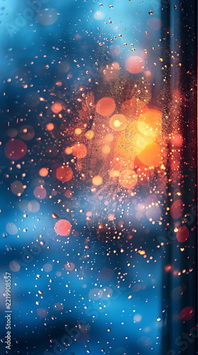 Raindrops cling to a window pane reflecting warm golden bokeh lights against a cool blue evening backdrop.