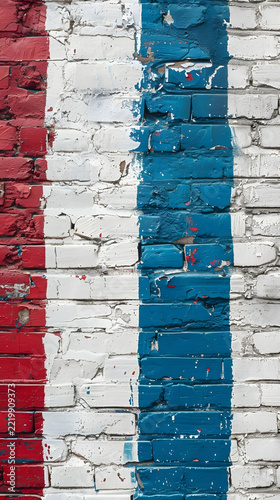 Weathered brick wall painted with vertical stripes of red, white, and blue displays a distressed texture.