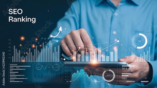 Businessman analyzing website optimization metrics and digital marketing performance data on tablet computer