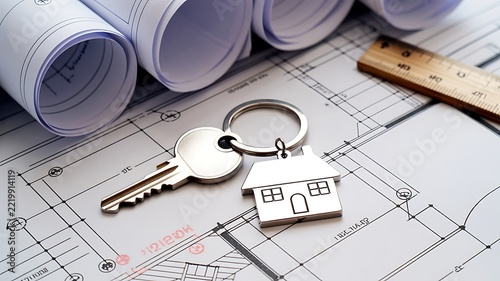 House keys on architectural floor plans with blueprints and ruler for new home construction and real estate investment