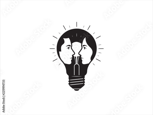 two human face profiles forming a glowing lightbulb shape inside.