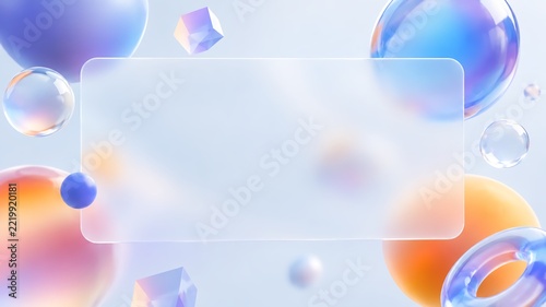 Abstract 3D Glassmorphism Background with Frosted Glass Panel, Iridescent Bubbles, Colorful Spheres and Crystal Cubes, Copy Space