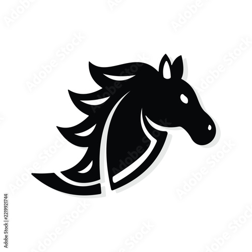A bold black horse head silhouette with flowing mane and clean shapes, isolated on a white background. Ideal for equestrian branding, animal logos, sports teams.