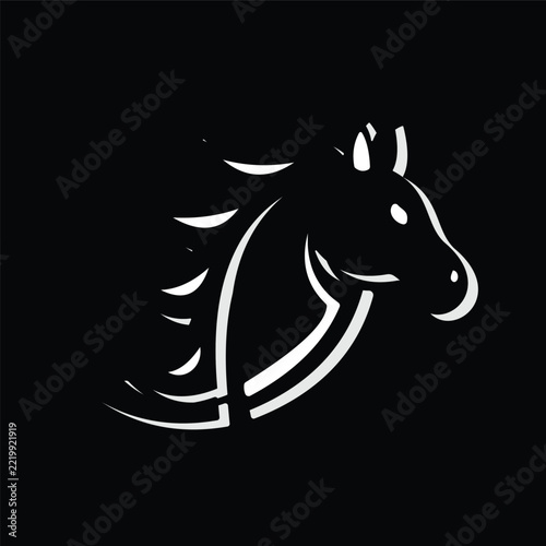 Illustrated silhouette of a horse's head in layers of white and gray on a dark black background.