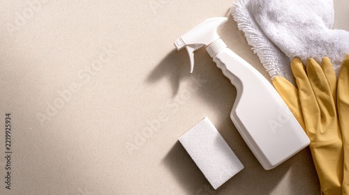 A cleaning setup featuring a spray bottle, sponge, cloth, and rubber gloves on a neutral background