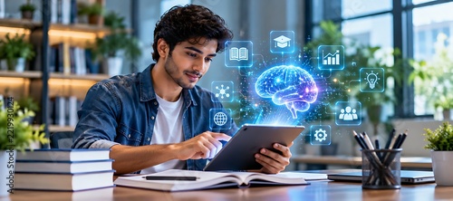 Young student using tablet for artificial intelligence and online learning in library environment.