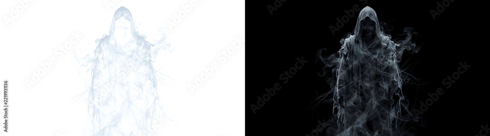 Fototapeta premium Ghost hooded figure of swirling smoke with tattered robe for Halloween horror designs in PNG, Transparent and Black Background Versions