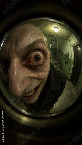 A sinister bald visitor crowds the peephole beneath a sickly green lamp
