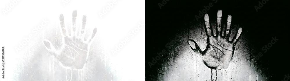 Naklejka premium Handprint in black and white on wet glowing glass with dripping water for horror in PNG, Transparent and Black Background Versions