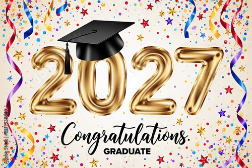 Golden 2027 graduation numbers with academic cap, colorful confetti, stars, ribbons, and congratulatory graduate message on a festive card design