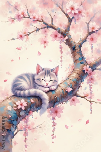 Sleeping fluffy cat resting on flowering cherry tree branch with pink blossoms and falling petals in a whimsical spring illustration