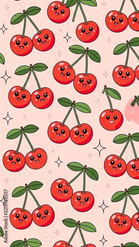Red cherry illustration with green leaves, smiling faces and sparkle accents in a repeating pattern on a pale pink background