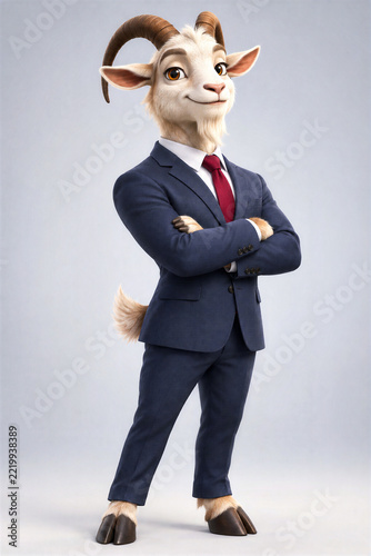Confident anthropomorphic goat in navy suit and red tie with crossed arms, standing against a light studio background as a 3D character illustration