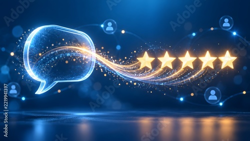 Glowing Digital Speech Bubble with Five Golden Stars Emitting Light Trails Concept for Excellent Customer Feedback