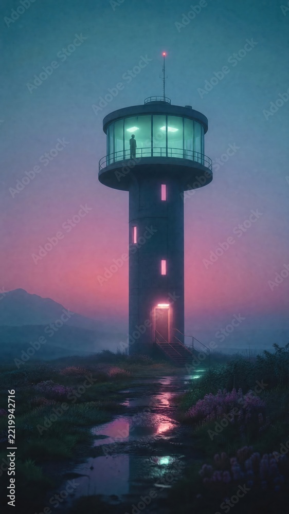 Fototapeta premium Futuristic lighthouse at dusk, serene landscape, ideal for mobile wallpaper.
