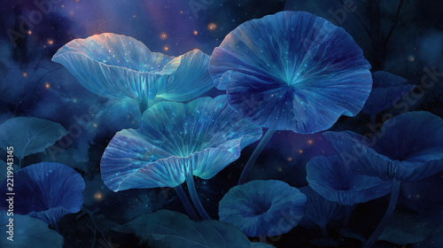 Blue mushrooms glowing among bioluminescent forest foliage