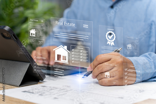 Businessman signing, Approving real estate documents after inspection, Reviewing quality checklists, Construction specifications, Compliance requirements to verify standards, certify project quality