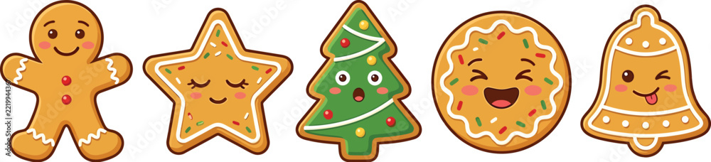 Obraz premium Set of Cute Kawaii Baked Cookie Characters, Hand-Drawn Whimsical Sweet Pastry Mascots With Expressive Faces for Winter Crafts