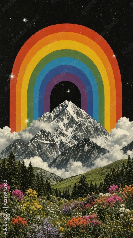 Fototapeta premium Vibrant rainbow over mountains and flowers, perfect for mobile wallpaper.