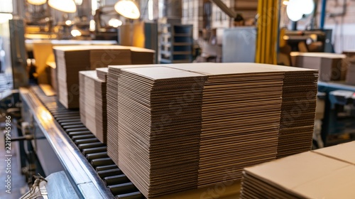 Stacked cardboard boxes move along a factory conveyor belt