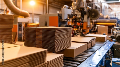 Factory floor with stacks of cardboard boxes