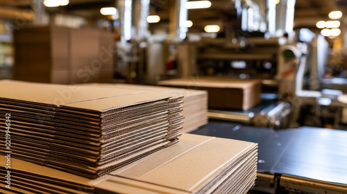 Stacks of brown corrugated cardboard dominate the foreground