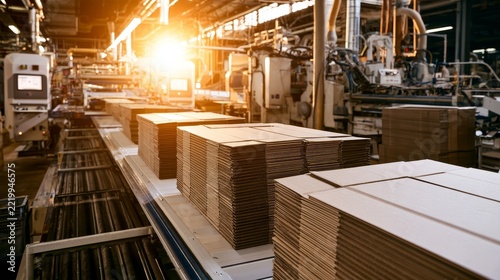 Golden sunbeams illuminate a bustling factory floor