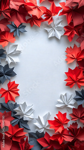Origami leaves arranged in a decorative frame on a light surface with empty central space for text.