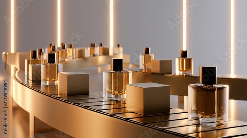 Golden perfume bottles gleam under soft, warm lights