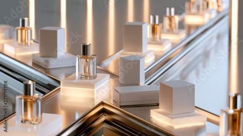 Luxury perfume bottles gleam on mirrored surfaces