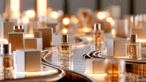 Glass perfume bottles gleam under warm, golden light