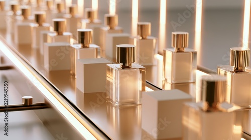 Rows of elegant perfume bottles gleam under soft light