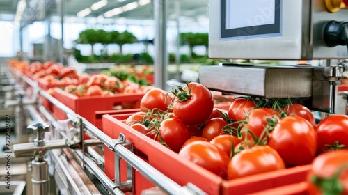 Fresh tomatoes move along automated sorting line