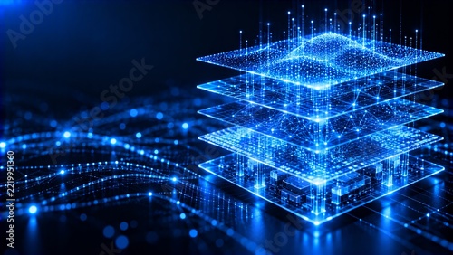 Glowing layered digital data stack representing multi-layered cloud architecture, illuminated blue circuitry and cascading data flow visualization with holographic server platforms