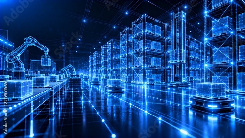 Futuristic automated smart warehouse interior rendered as a glowing blue digital wireframe with robotic arms, autonomous mobile robots, stacked shelving, and conveyor systems
