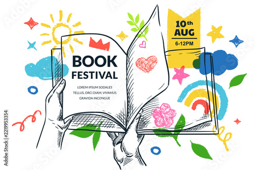 Vector sketch collage book festival horizontal banner. Hand drawn illustration of open book in human hands with abstract crayon scribble rainbow, sun and stars. Learning or education design template