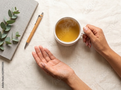 Hands holding mug of herbal tea with notebook and eucalyptus flat lay
