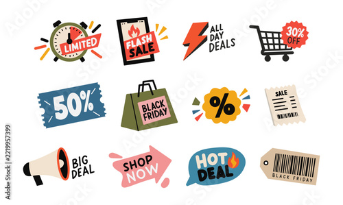 Hand Drawn Black Friday Sale Sticker Set with Flash Deals, Discount Tags, Shopping Cart, Coupons and Retail Promotion Icons, Shopping Clipart Set with Flash Sale, Hot Deals, Discounts, Coupons and Pro