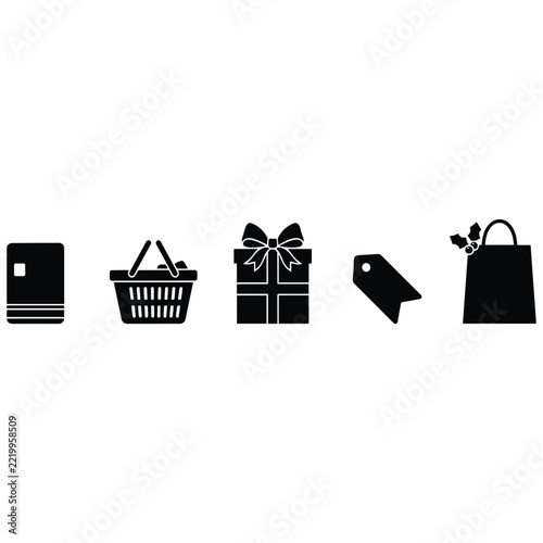 Shopping and holiday gift vector icon set with black silhouettes for festive retail use.